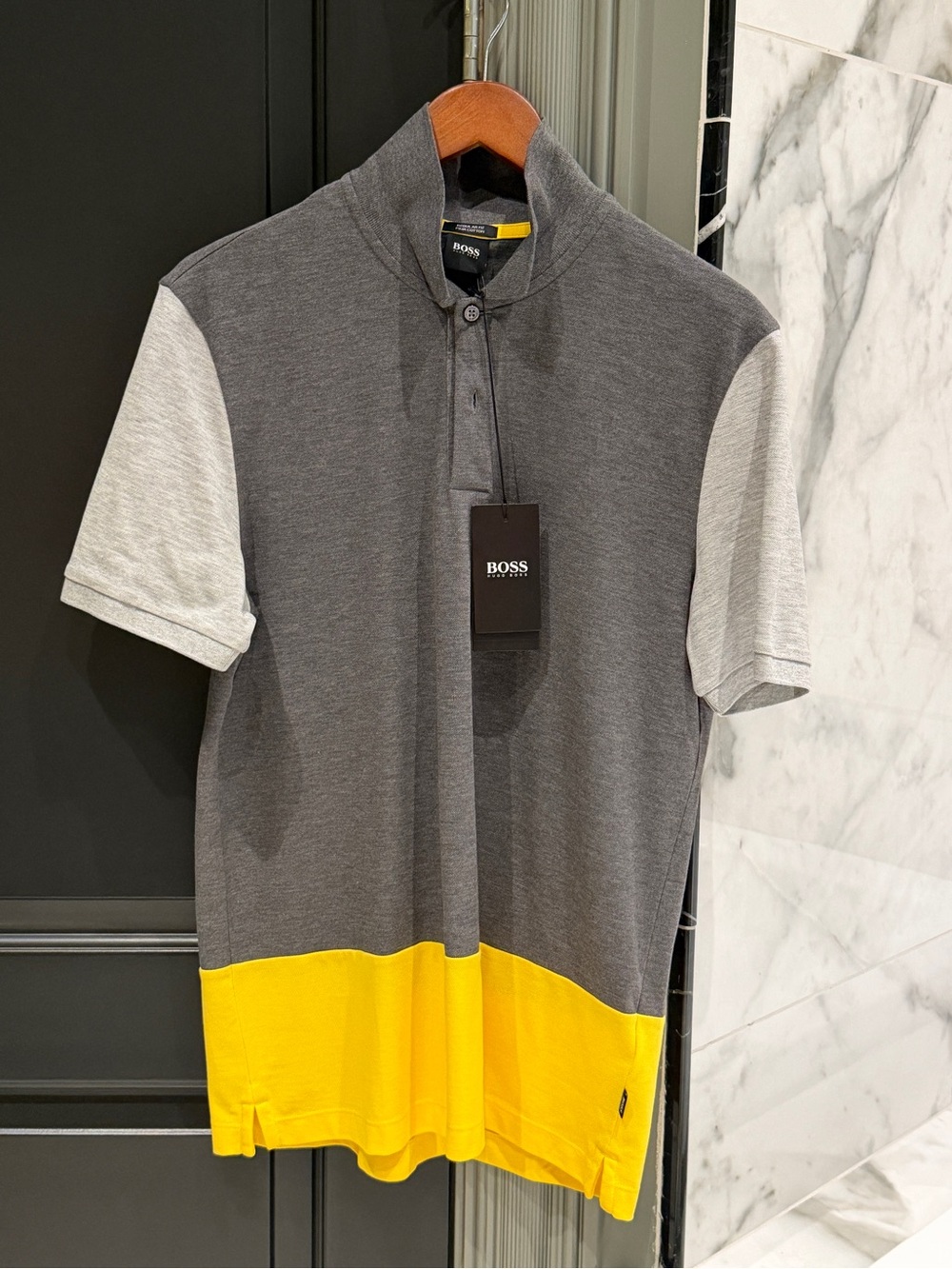 BOSS Colorblock Short-Sleeve Polo - Gray/Light Gray/Yellow NWT